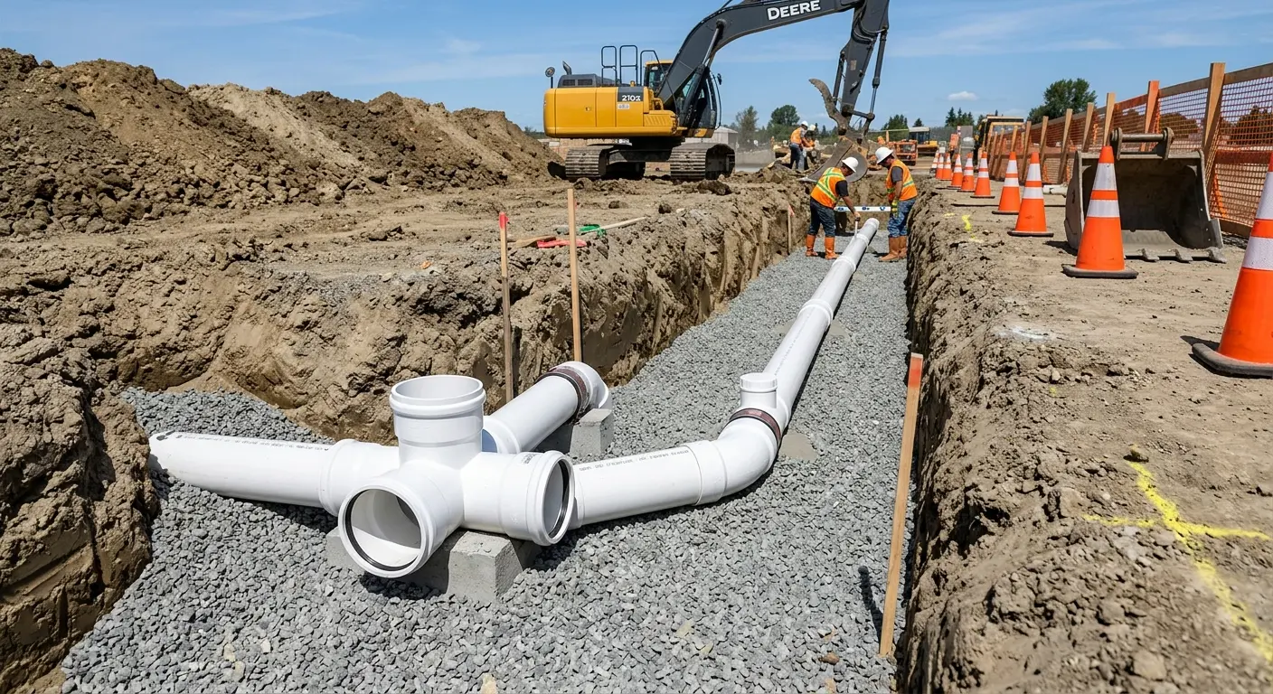 New PVC sewer pipe installation in open trench for Sewer Backup in North Lebanon