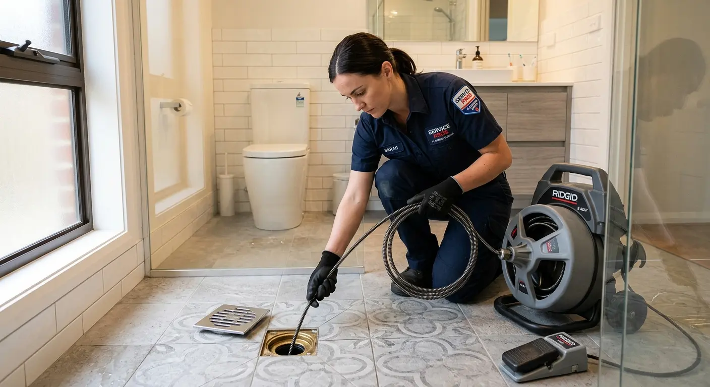 Technician clearing a bathroom floor drain for Drain Cleaning in North Lebanon